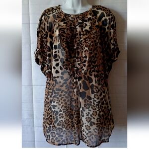 Nanette Lepore Leopard Print Ruffle Front Blouse - Brown Black Cream